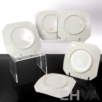 Collection Five Antique Chinese Qing Porcelain Hexagonal Form Side Plates Including Famille Rose Examples