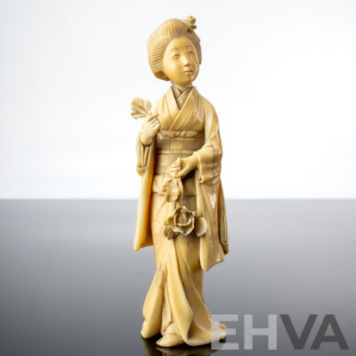 Antique Japanese Hand Carved Ivory Okimono of Female Form