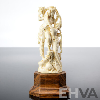 Antique Indian Hand Carved Ivory Figure of Krishna in Amorous Mood on Wooden Stand