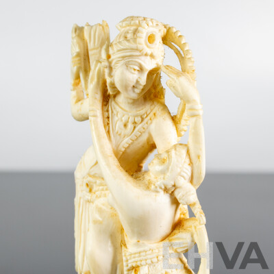 Antique Indian Hand Carved Ivory Figure of Krishna in Amorous Mood on Wooden Stand