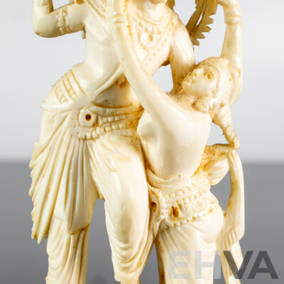Antique Indian Hand Carved Ivory Figure of Krishna in Amorous Mood on Wooden Stand
