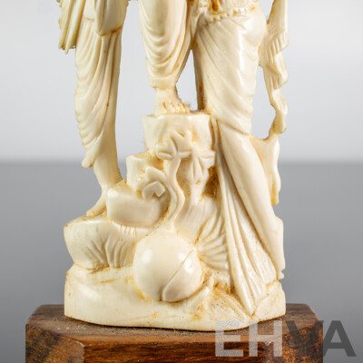 Antique Indian Hand Carved Ivory Figure of Krishna in Amorous Mood on Wooden Stand