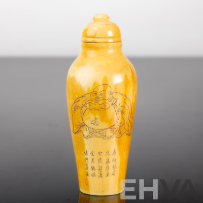 Antique Chinese Hand Carved Ivory Snuff Bottle with Buddha Figure and Character Decoration