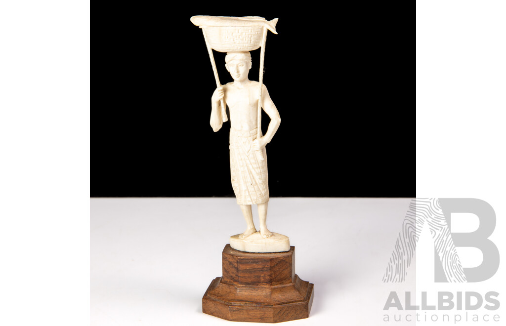 Antique Japanese Hand Carved Ivory Okimono of Fisherman with Fish in Basket, on Wooden Stand