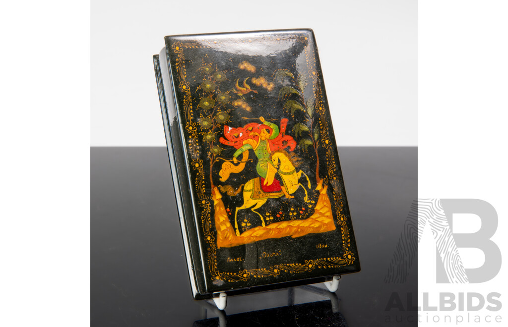 Vintage Hand Painted Russian Village Lacquer Ware Lidded Box with Legendary Scene