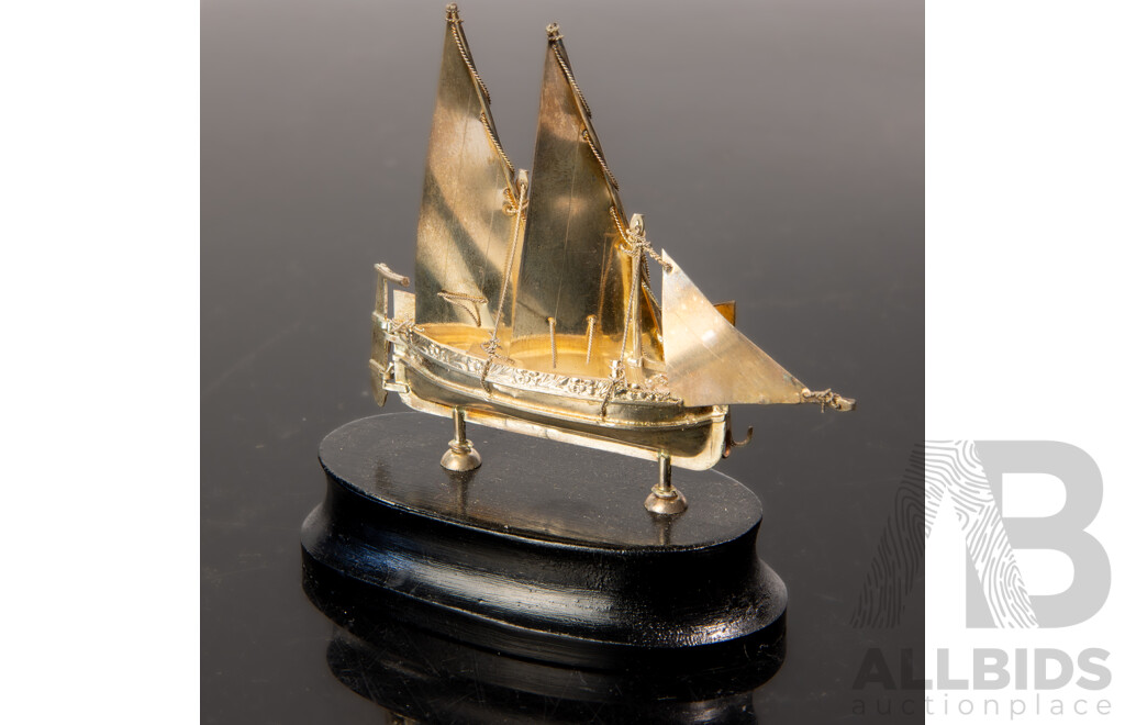 Vintage Sterling Silver Two Masted Boat with Lateen Rig on Wooden Stand