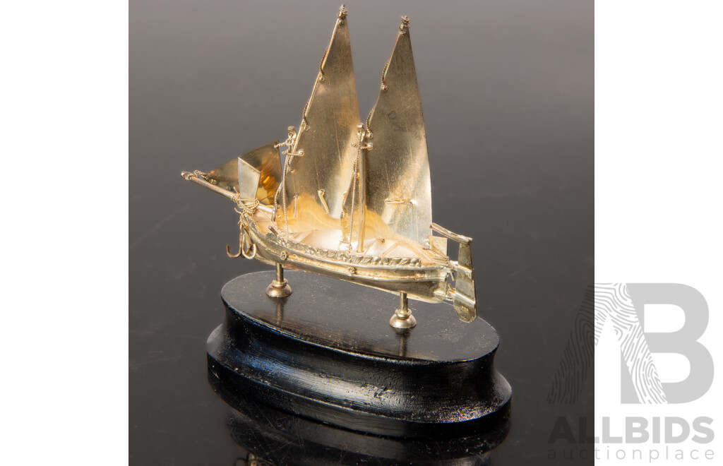 Vintage Sterling Silver Two Masted Boat with Lateen Rig on Wooden Stand