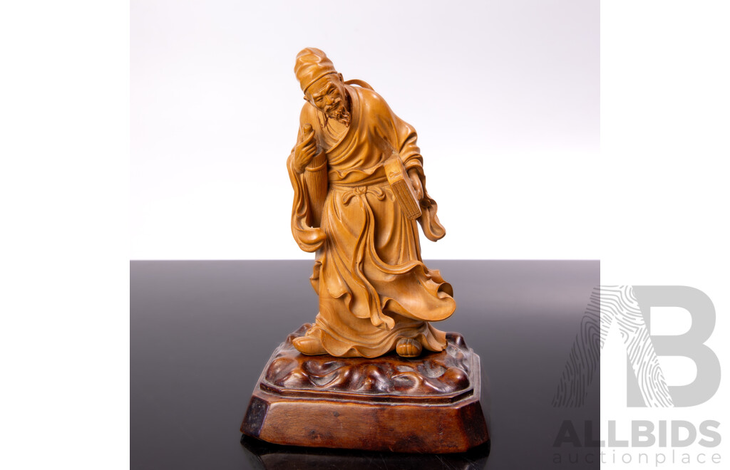 Vintage Chinese Carved Fruit Wood Daoist Scholar Figure on Carved Wooden Stand