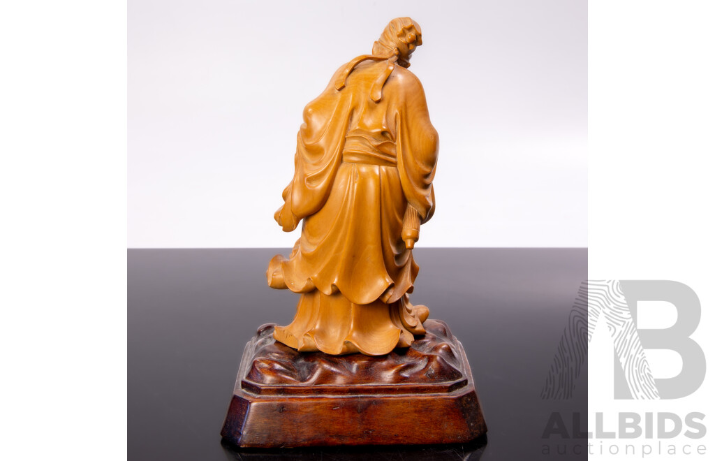 Vintage Chinese Carved Fruit Wood Daoist Scholar Figure on Carved Wooden Stand