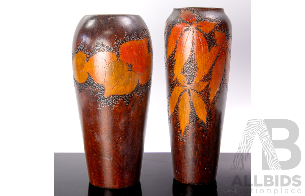 Two Antique Australian Wooden Vases with Pokerwork Decoration