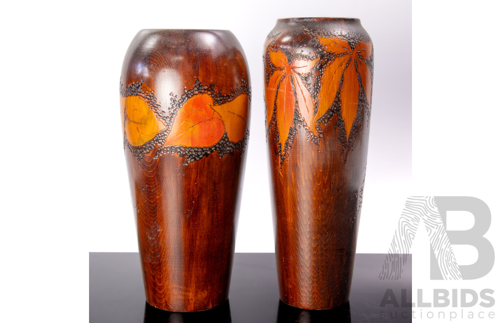Two Antique Australian Wooden Vases with Pokerwork Decoration