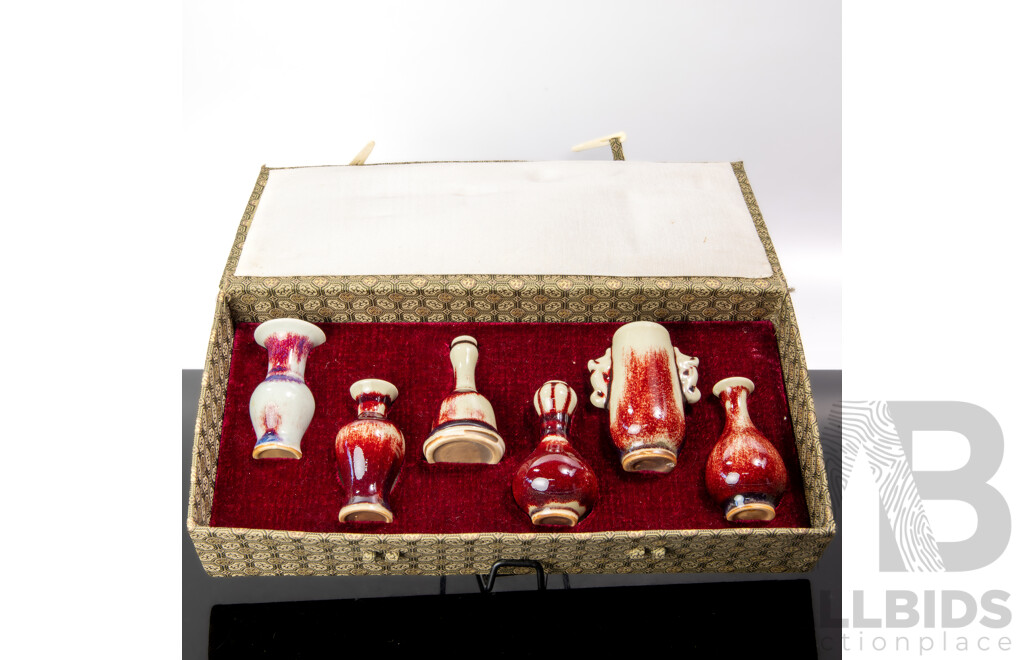 Collection Six Miniature Chinese Porcelain Vases with Classic Shapes and Sang De Boeuf Glaze