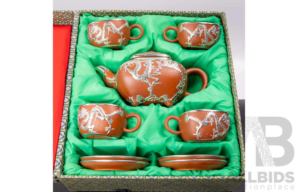 Chinese Yi Xing Pottery Teapot with Four Duos with White Metal Dragon Motif Detail
