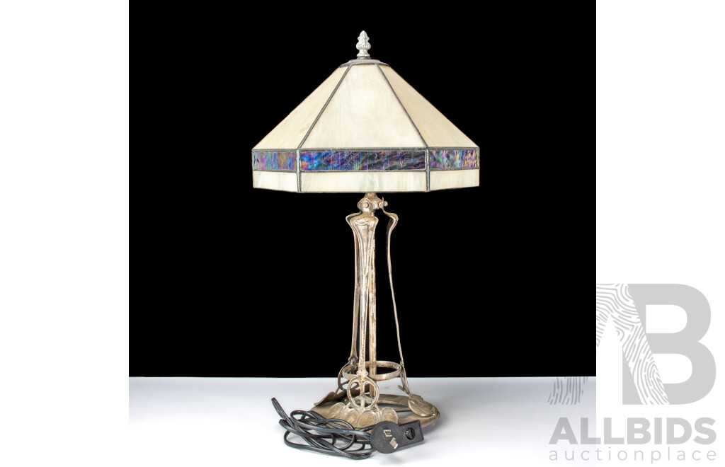 Antique English Arts and Crafts Silvered Brass Table Lamp, Circa 1911, with Later Shade