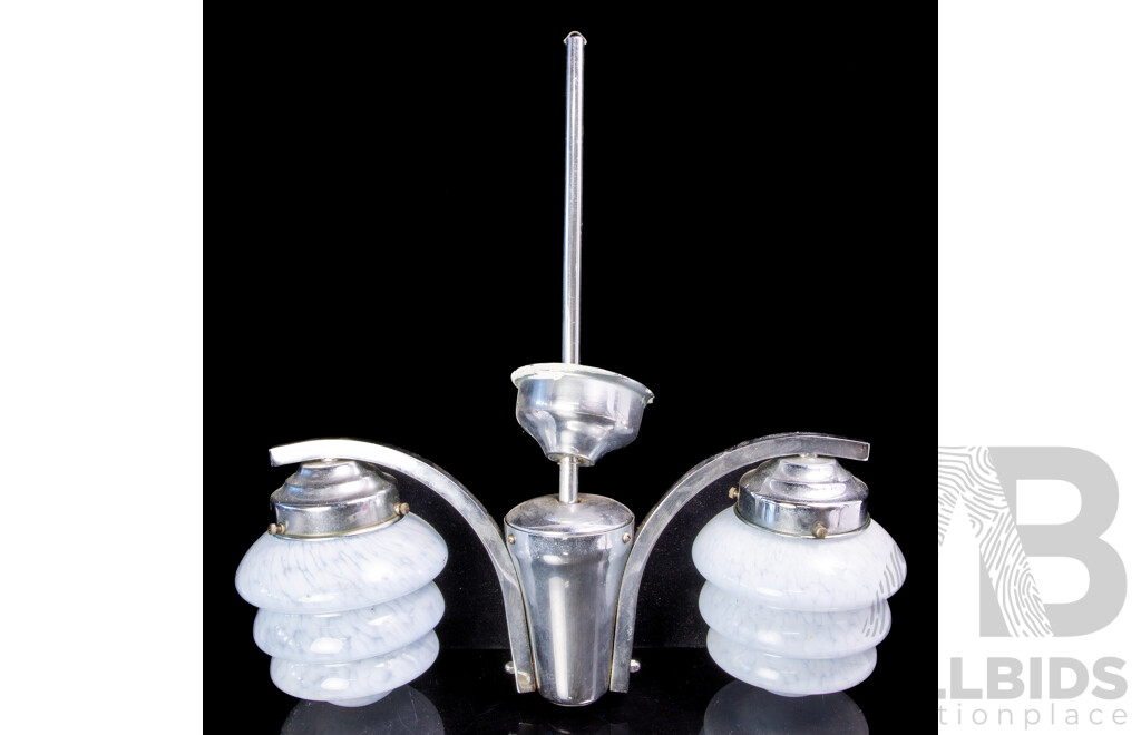 Antique Art Deco Chrome Two Branch Ceiling Light Fitting with Pair Beehive Mottled White Glass Shades