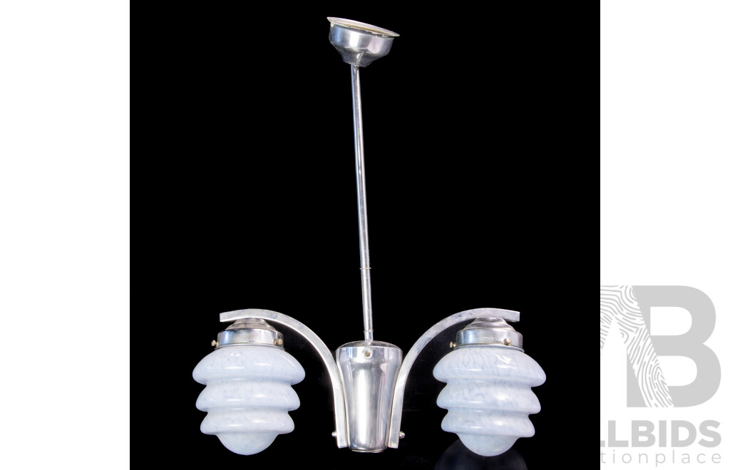 Antique Art Deco Chrome Two Branch Ceiling Light Fitting with Pair Beehive Mottled White Glass Shades