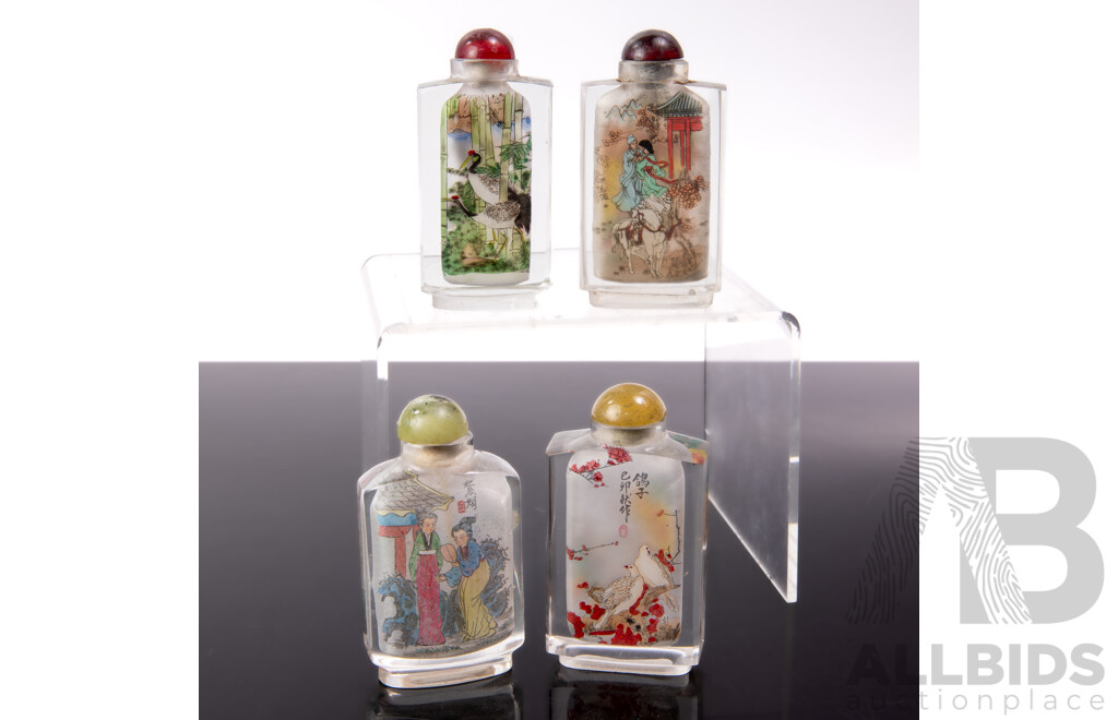 Collection Four Chinese Glass Hand Reverse Painted Scent Bottles of Angular Form with Glass and Stone Stoppers