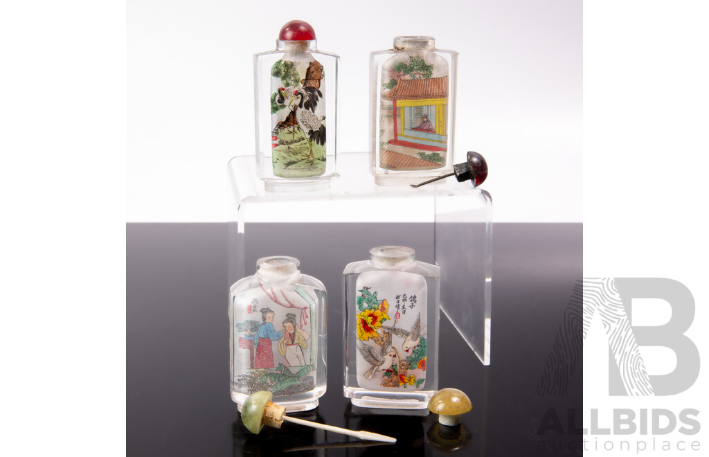 Collection Four Chinese Glass Hand Reverse Painted Scent Bottles of Angular Form with Glass and Stone Stoppers