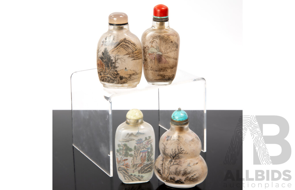 Collection Four Chinese Glass Hand Reverse Painted Scent Bottles with Turquoise, Coral, Stone & Glass Stoppers