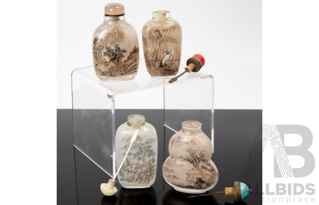 Collection Four Chinese Glass Hand Reverse Painted Scent Bottles with Turquoise, Coral, Stone & Glass Stoppers
