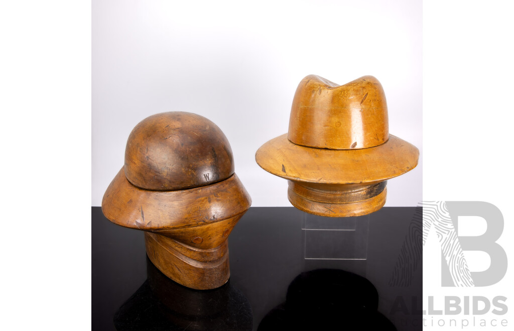 Fantastic Antique French Paris Made Riva Marchesi Hand Carved Fruit Wood Hat Block Along with Another Antique Example