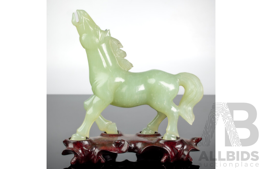 Vintage Chinese Jade Carved Equine Figure on Bespoke Hand Carved Wooden Stand