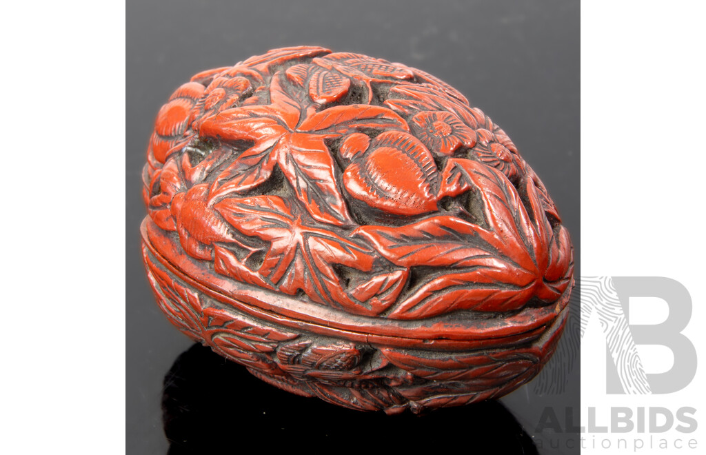 Antique Chinese Qing Cinnabar Lidded Peach Stone Form Container with Floral & Butterfly Motif