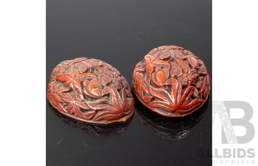 Antique Chinese Qing Cinnabar Lidded Peach Stone Form Container with Floral & Butterfly Motif