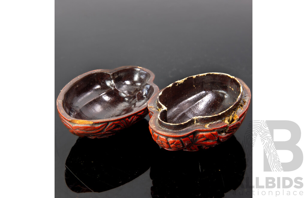 Antique Chinese Qing Cinnabar Lidded Peach Stone Form Container with Floral & Butterfly Motif