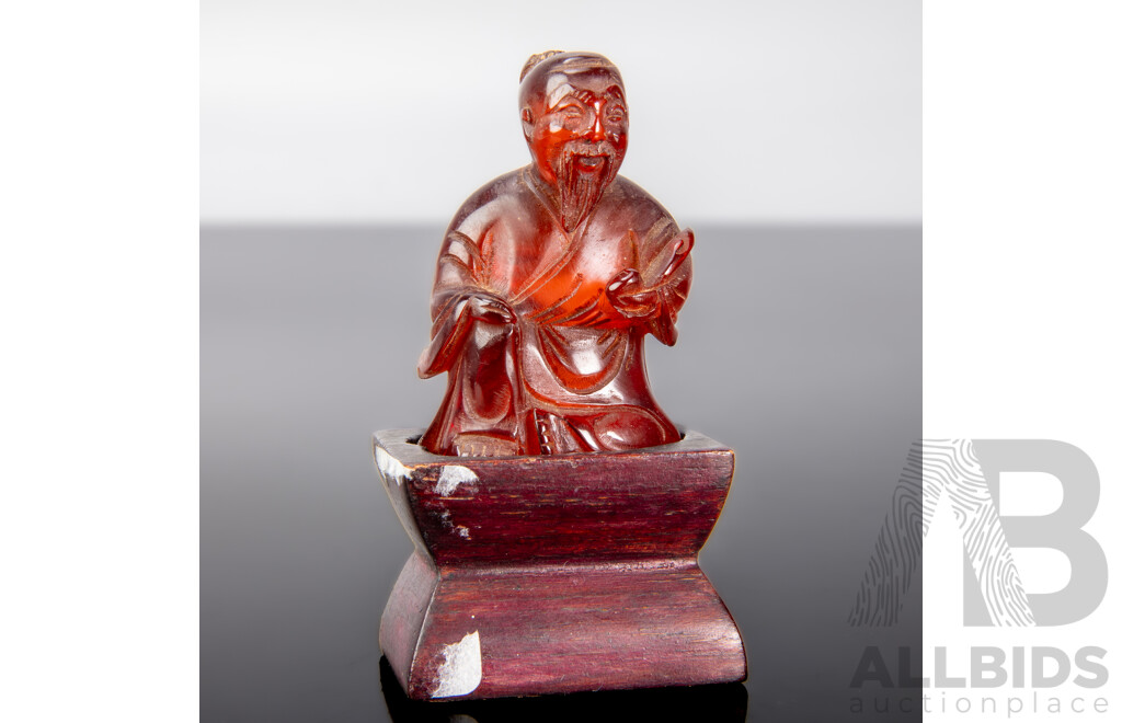 Rare Antique Chinese Carved Red Amber Figure with Pipe on Wooden Stand