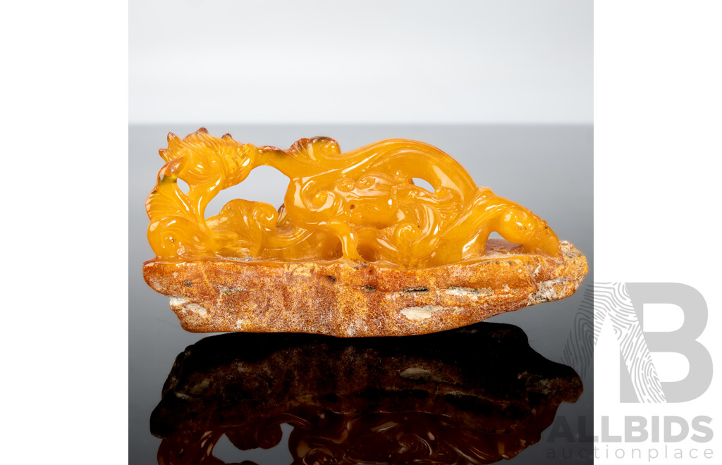 Antique Chinese Carved Golden Amber Figure of Dragon