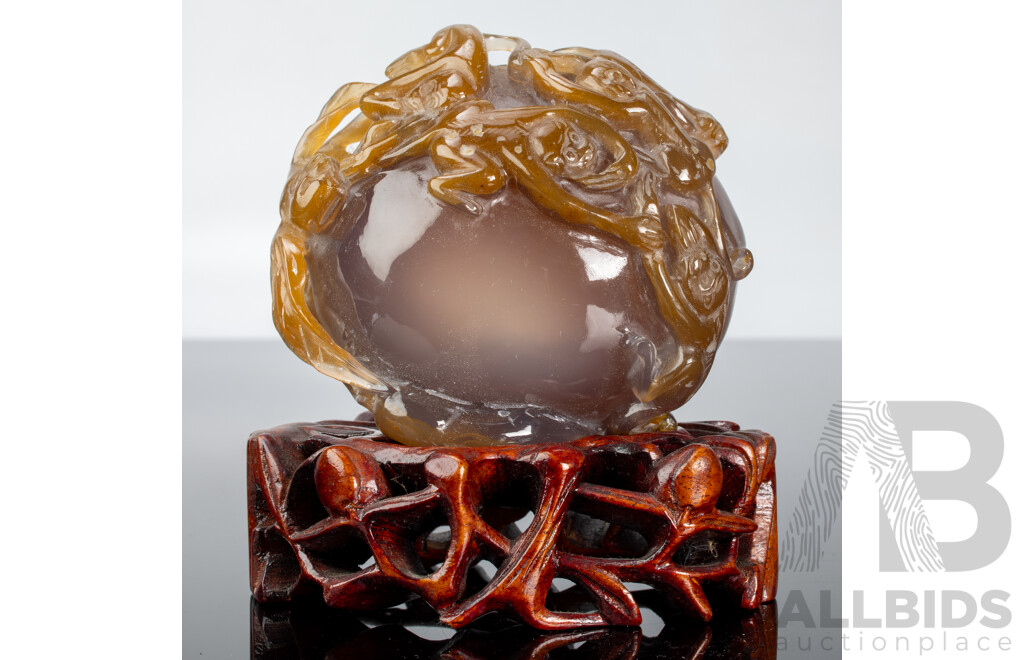 Antique Chinese Carved Carnelain Agate Stone with Monkey Motif on Bespoke Carved Wooden Stand with Foliate Theme
