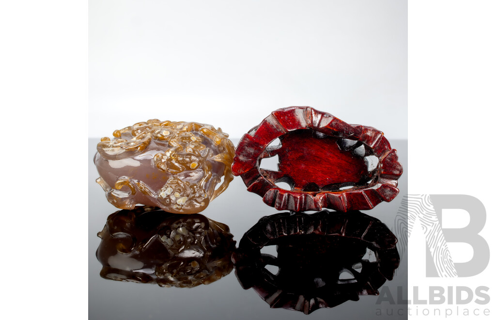 Antique Chinese Carved Carnelain Agate Stone with Monkey Motif on Bespoke Carved Wooden Stand with Foliate Theme