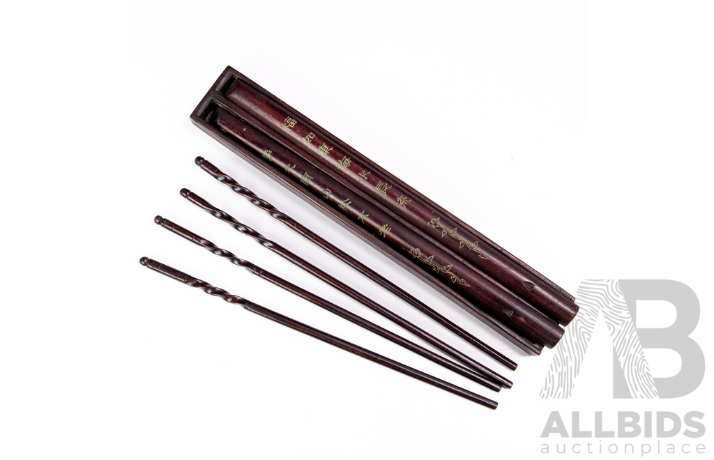 Two Sets Vintage Chinese Rosewood Chopsticks with Twist Detail in Case