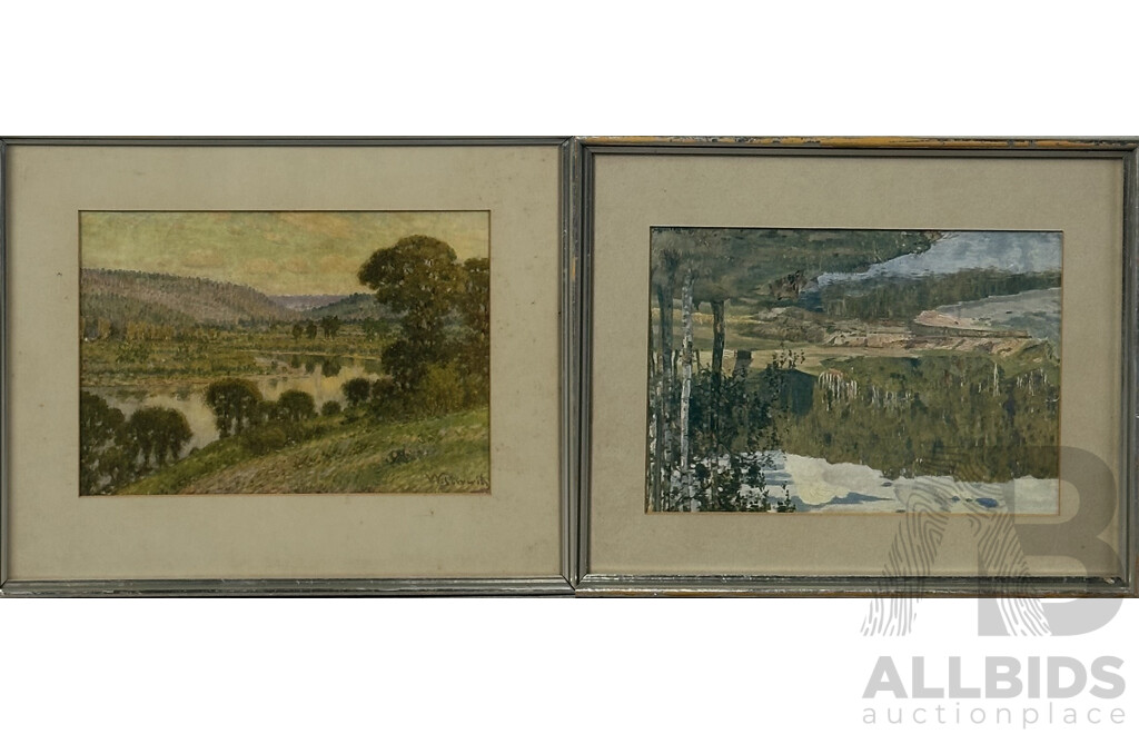 (Artists Unknown), Water Lanscapes I and II, Vintage Pair of Prints of Original Watercolours, 35 x 43 cm (frame - Largest) (2)