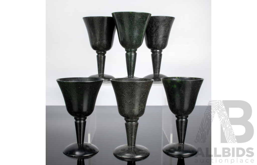 Set Six Vintage Chinese Dark Green Translucent Jade Goblets