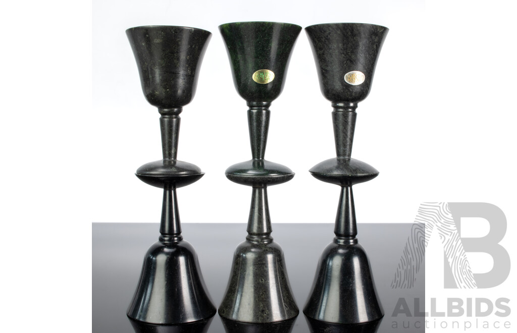 Set Six Vintage Chinese Dark Green Translucent Jade Goblets