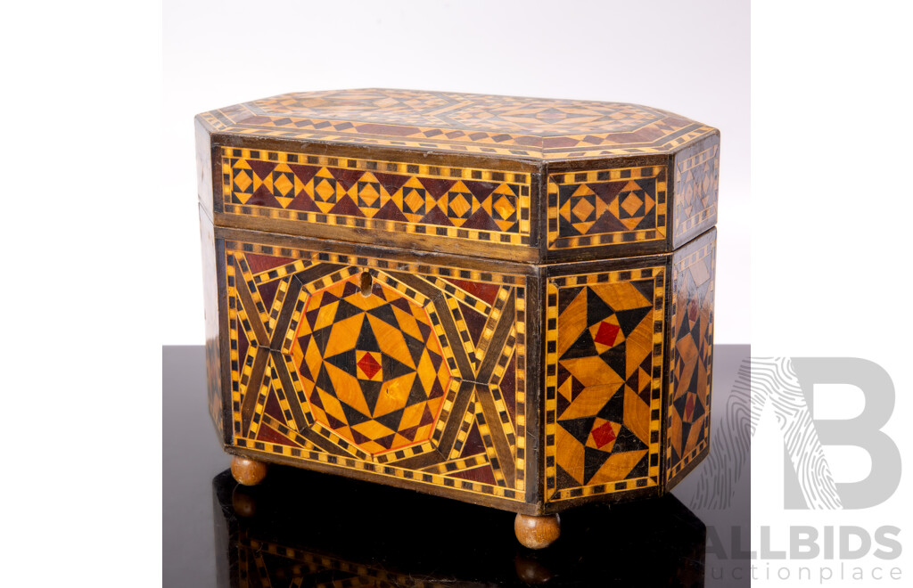 Vintage Sub Continental Hexagonal Form Lidded Tea Caddy Box with Marquetry Inlay