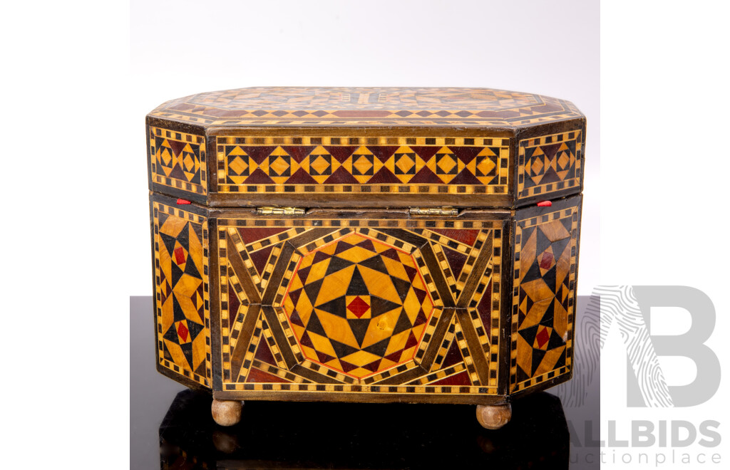 Vintage Sub Continental Hexagonal Form Lidded Tea Caddy Box with Marquetry Inlay