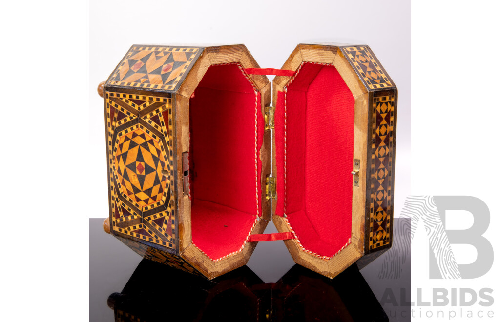 Vintage Sub Continental Hexagonal Form Lidded Tea Caddy Box with Marquetry Inlay