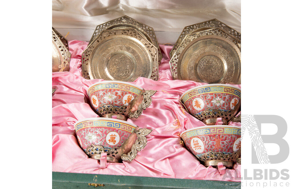 Vintage Chinese Famille Rose Porcelain Teas Set with White Metal Dragon Form Handles and Mountings, in Case