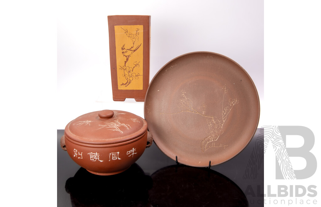 Collection Three Chinese Yixing Style Pieces Comprising Vase with Seal Mark, Lidded Hotpot & Plate with Cherry Blossom Motif