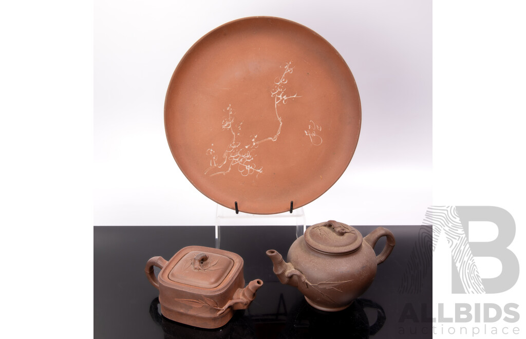 Collection Three Vintage Chinese Yi Xing Pieces Comprising Two Teapots and Plate with Cherry Blossom Motif