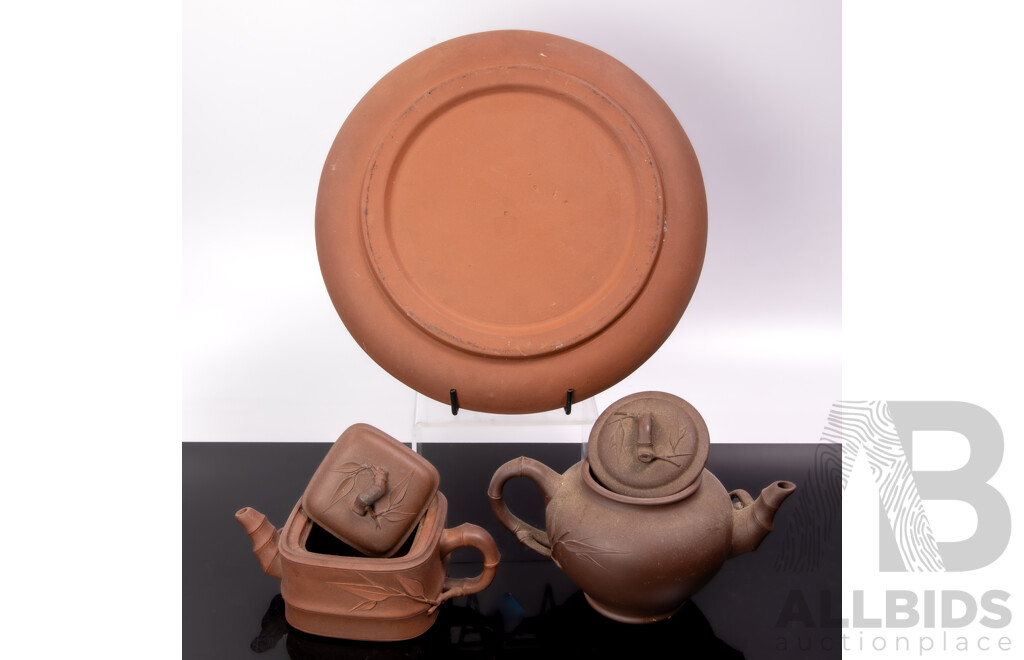 Collection Three Vintage Chinese Yi Xing Pieces Comprising Two Teapots and Plate with Cherry Blossom Motif