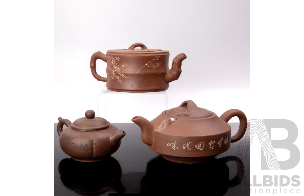 Collection Three Vintage Chinese Yi Xing Teapots Including Example with Bamboo Detail