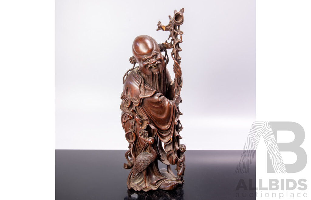 Antique Chinese Shou Xing God of Longevity Carved Wooden Figure