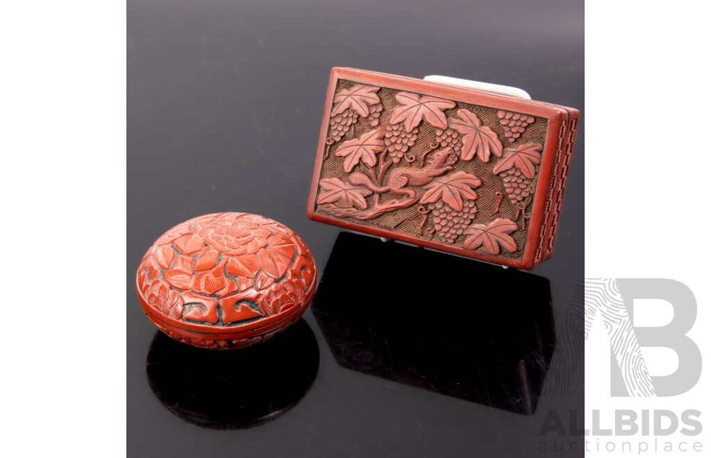 Two Vintage Chinese Cinnabar Lidded Boxes Including Example with Civet Motif to Lid