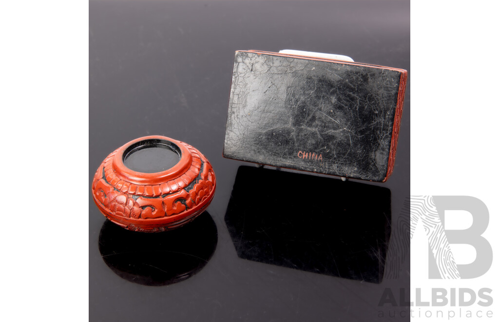 Two Vintage Chinese Cinnabar Lidded Boxes Including Example with Civet Motif to Lid
