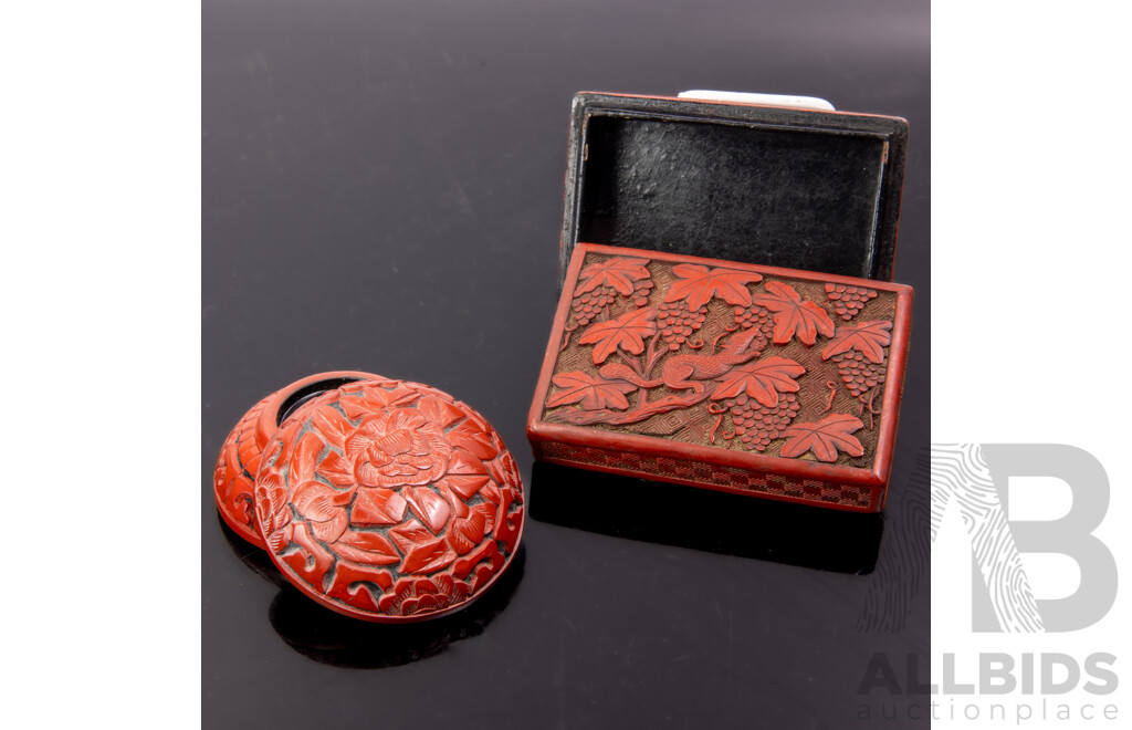 Two Vintage Chinese Cinnabar Lidded Boxes Including Example with Civet Motif to Lid