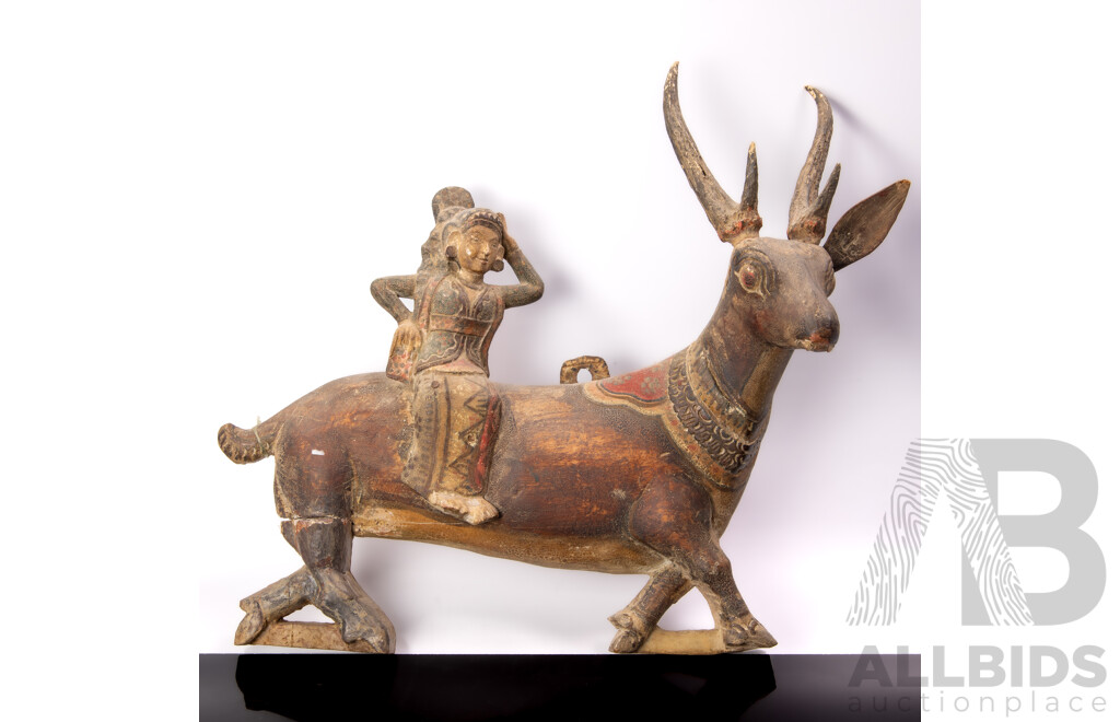 Antique Wooden Indian Nandi Goddess Riding Deer with Polychrome Decoration